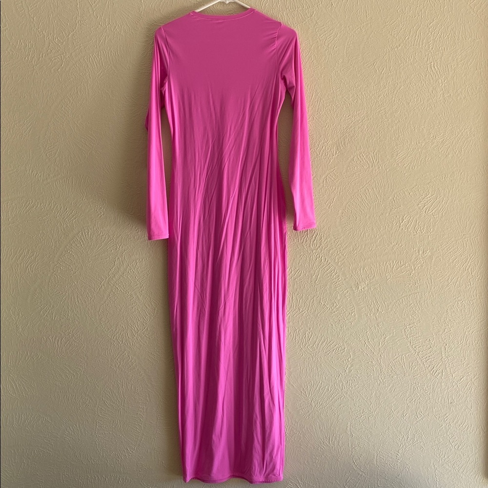 SKIMS Fits Everybody Long Sleeve Crew Neck Maxi Dress, Neon Orchid Pink, Size L - Picture 11 of 14